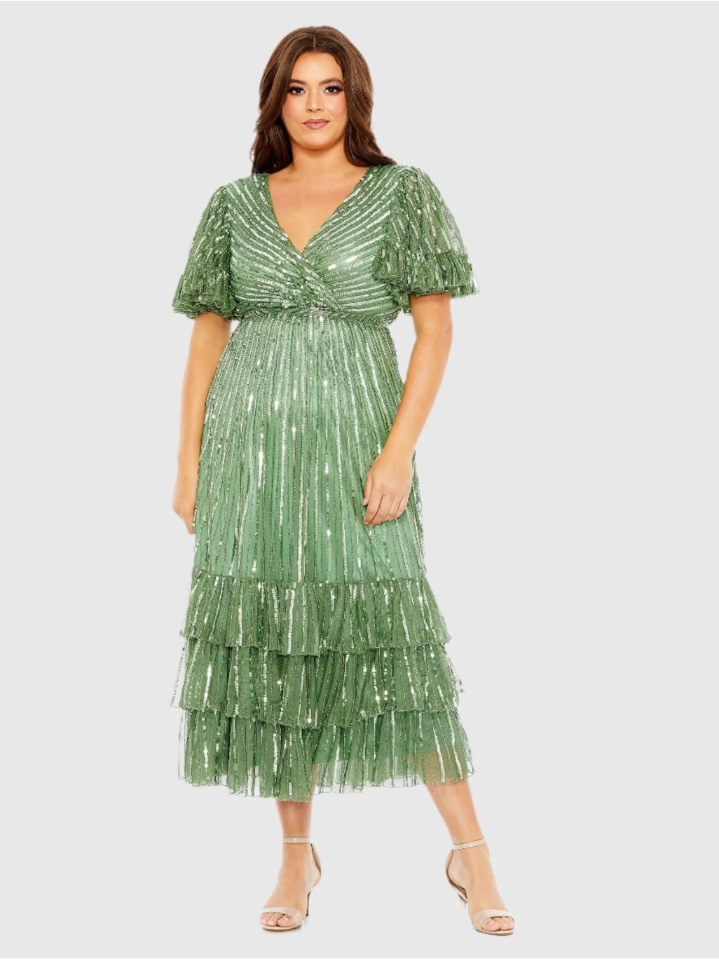 Mac Duggal Sage Sequin Faux Wrap Flutter Sleeve Ruffle Dress (Plus) Size 24w